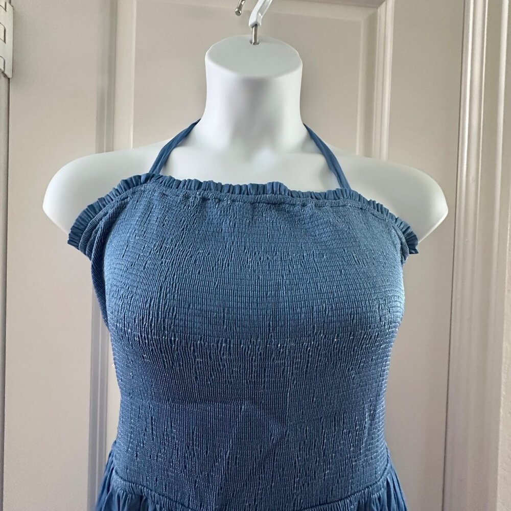 Blue Halter Neck Smocked Jumpsuit With Open Back & Wide Leg Pant For Size 2X - Picture 9 of 14